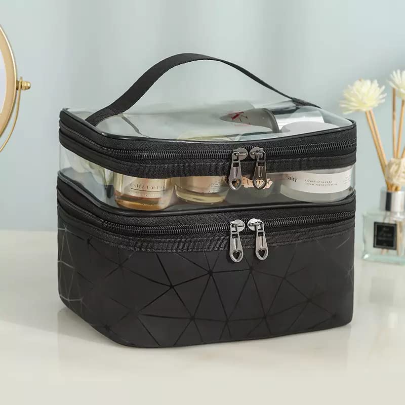Trendegic Waterproof Multipurpose Clear PVC Zipper Cosmetic Travel Wash Bag Toiletry Makeup Organizer Portable Carry Bag Pouch for Women Girls Diamond Black - Image 2