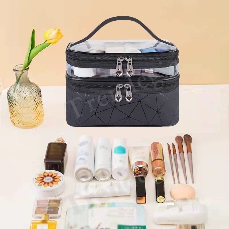 Trendegic Waterproof Multipurpose Clear PVC Zipper Cosmetic Travel Wash Bag Toiletry Makeup Organizer Portable Carry Bag Pouch for Women Girls Diamond Black - Image 4