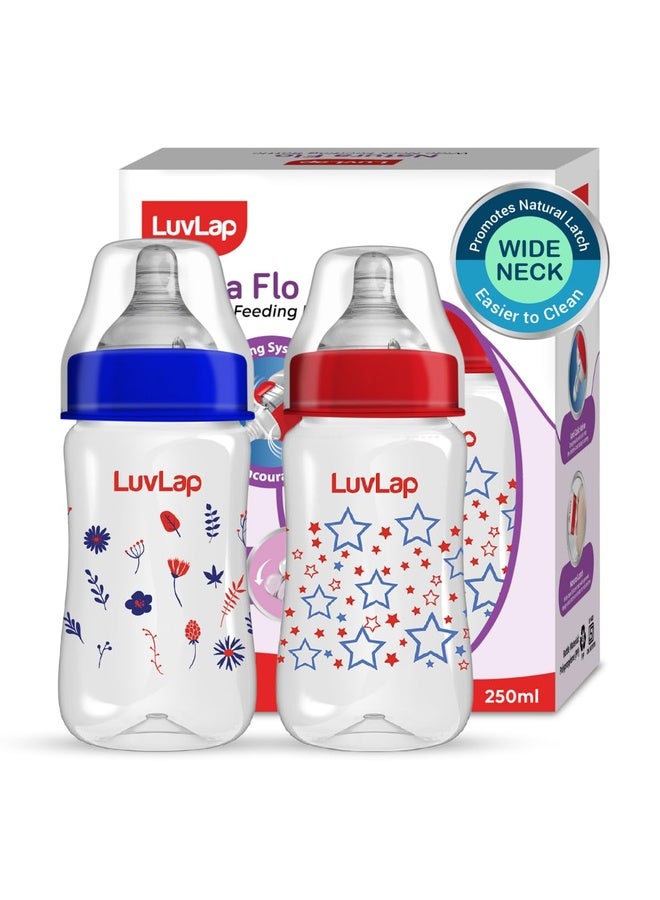 Luvlap Anti-Colic Wide Neck Natura Flo Baby Plastic Feeding Bottle, 250Ml (Pack of 2), New Born/Infants/Toddler Upto 3 Years, Stars, BPA Free - Image 1