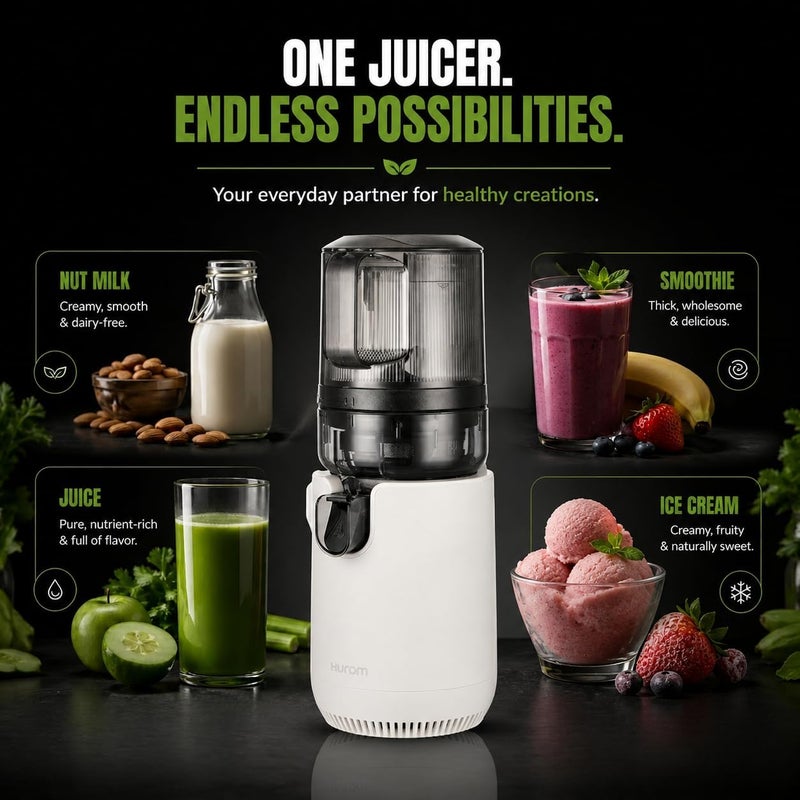 Hurom Cold Press Slow Juicer with Mega Hopper, 150W Quiet Motor, BPA-Free Juicer for Whole Fruits & Vegetables, Easy Clean Masticating Juicer Extractor, Space-Saving Design, Mushroom White E50ST - Image 3