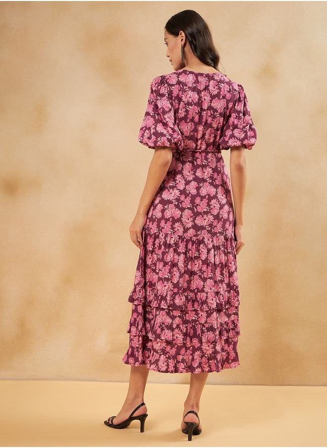 FEMELLA - Floral Belted Tiered Midi Dress by Styli - Image 1