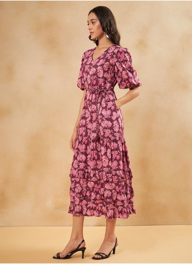 FEMELLA - Floral Belted Tiered Midi Dress by Styli - Image 1