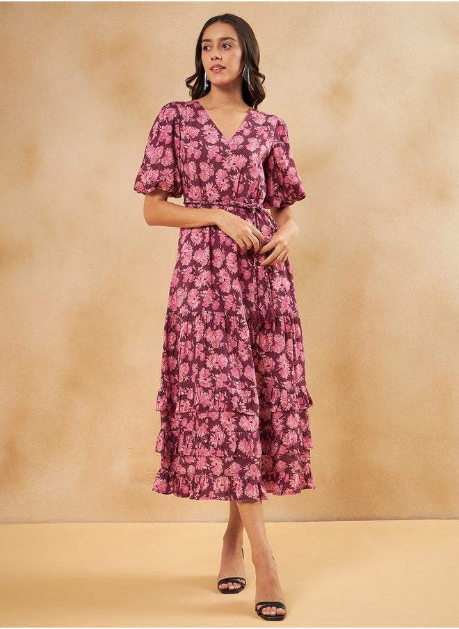 FEMELLA - Floral Belted Tiered Midi Dress by Styli - Image 1