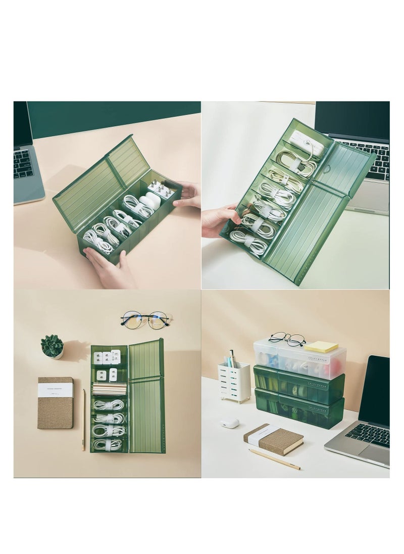 Clear USB Cable Cord Organizer Box, Data Cable Organizer Box, Small Sized Plastic Storage Boxes With Deviders, Charging Cord Hider Box, Sticky Notes and 1.5M Reusable Hoop&Loop Tape