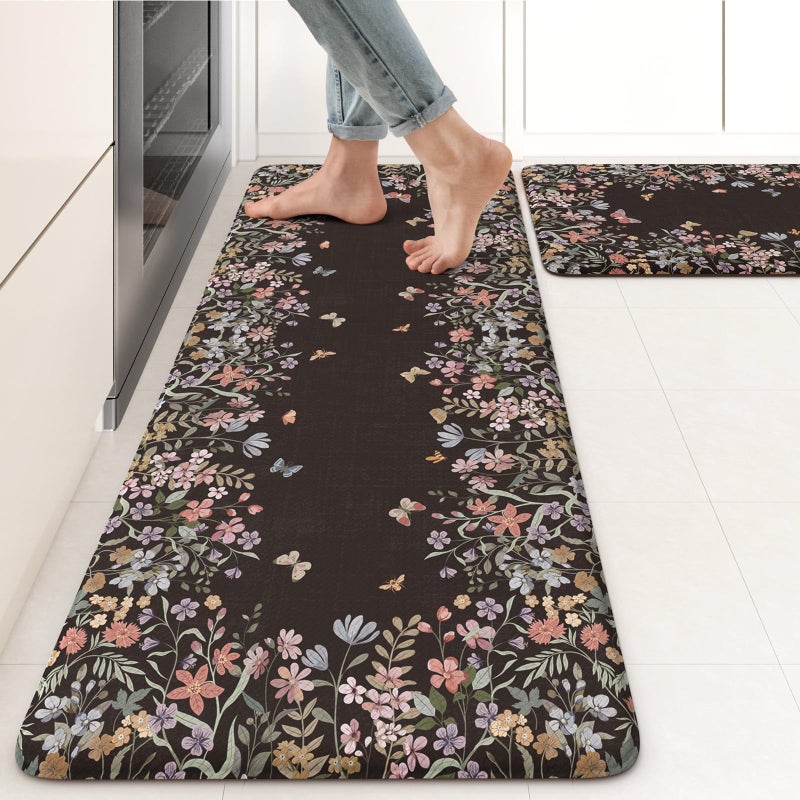 KIMODE Anti Fatigue Kitchen Mats for Floor, Farmhouse Black Kitchen Rugs Sets of 2, Summer Cushioned Kitchen Floor Mats, Comfort Standing Mats for Sink Laundry Office Desk 17"x47"+17"x29" - Image 1