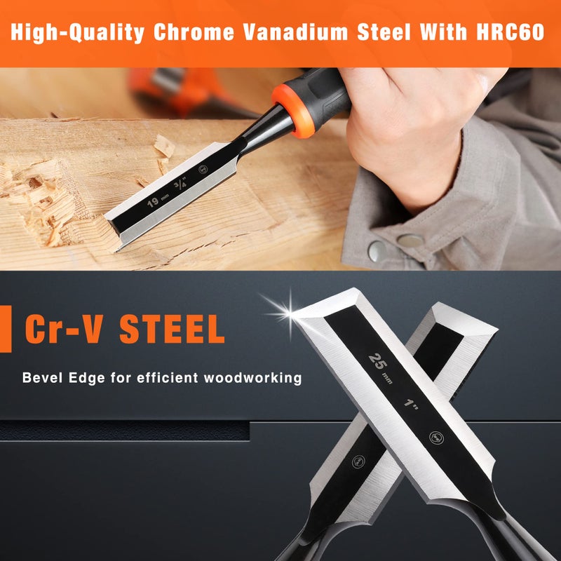 Jorgensen Jorgensen Professional Chisel for Wood 5-Piece Chisel Set Cr-V 6/10/15/20/25 mm Chisel Width with Protective Cap Chisel Set for Woodworking and Woodcarving Includes Bag  - Image 2
