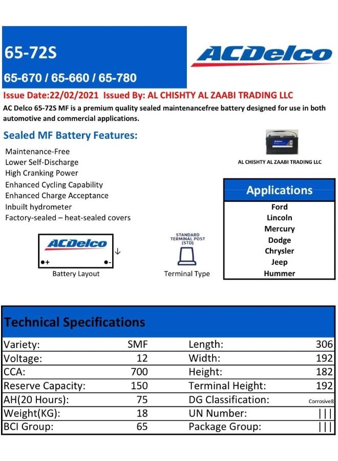 Ac Delco AC DELCO 65-72S CAR BATTERY 12V 75AH - Image 5