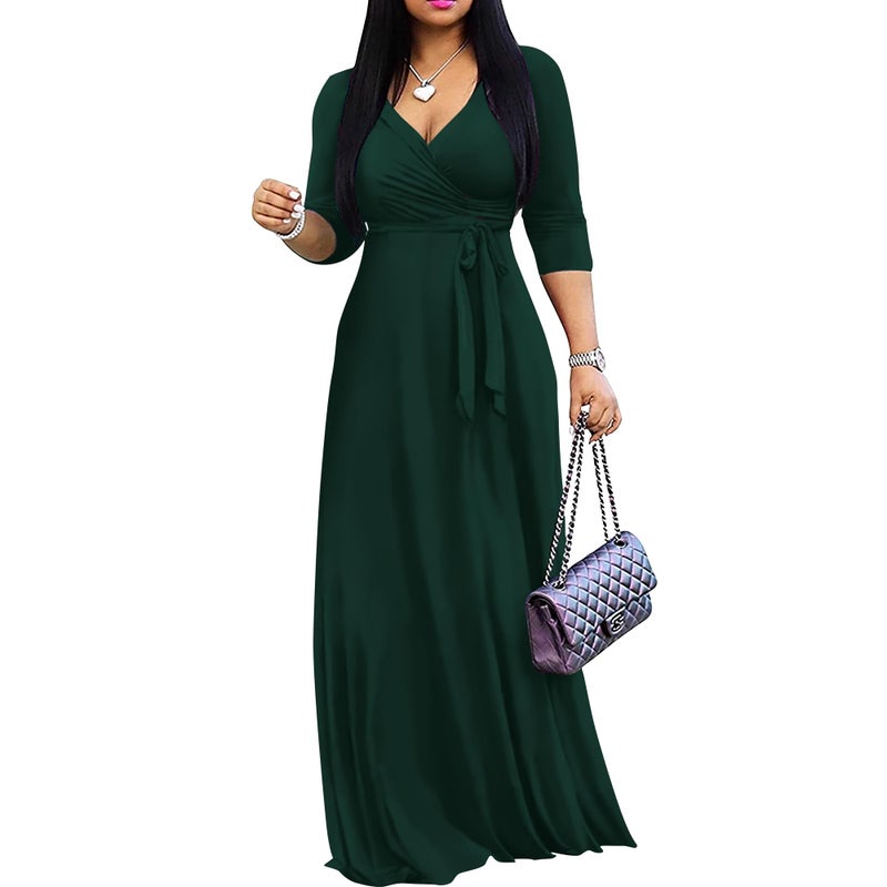 FANDEE Women's 2026 Maxi Dress - Solid Color Bohemian Summer Long Maxi Dress V-Neck 3/4 Sleeve Green L - Image 1