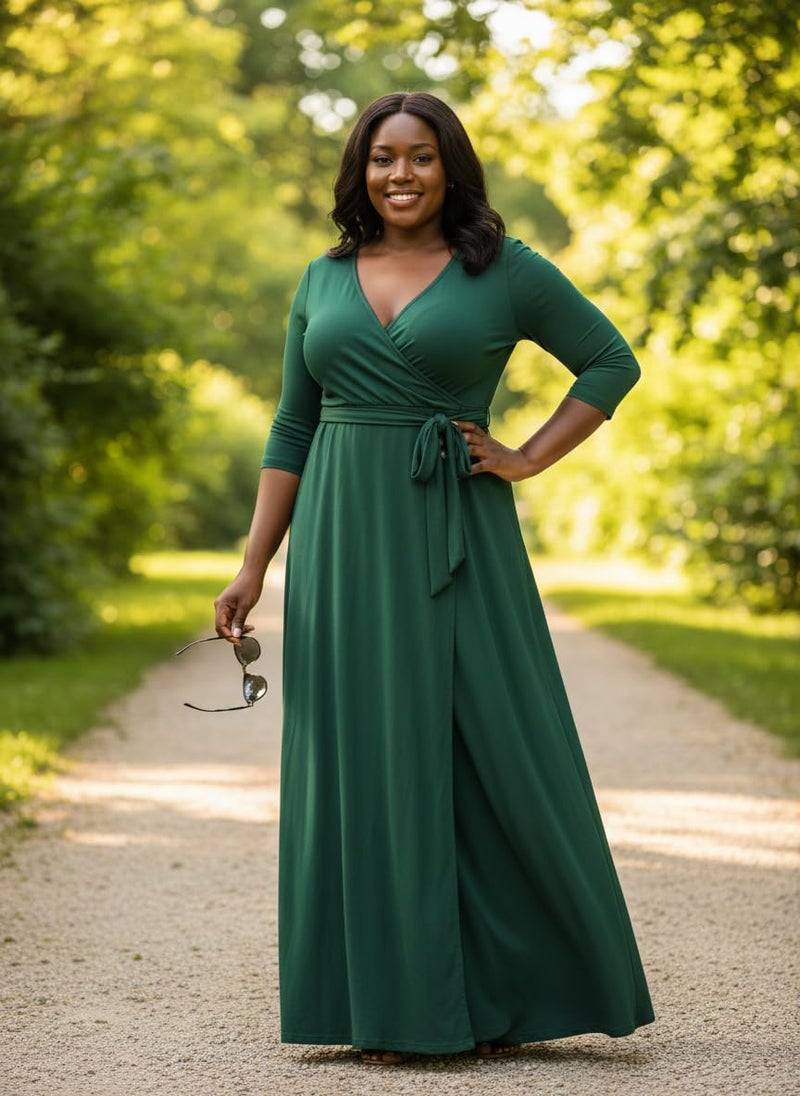 FANDEE Women's 2026 Maxi Dress - Solid Color Bohemian Summer Long Maxi Dress V-Neck 3/4 Sleeve Green L - Image 3