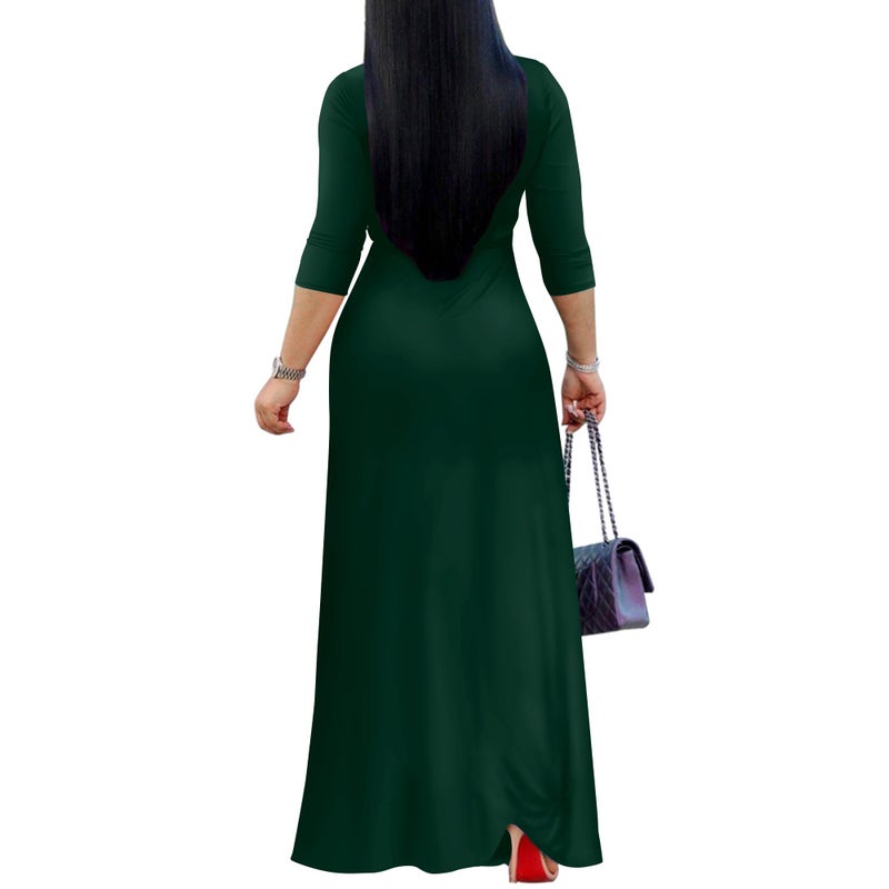 FANDEE Women's 2026 Maxi Dress - Solid Color Bohemian Summer Long Maxi Dress V-Neck 3/4 Sleeve Green L - Image 4