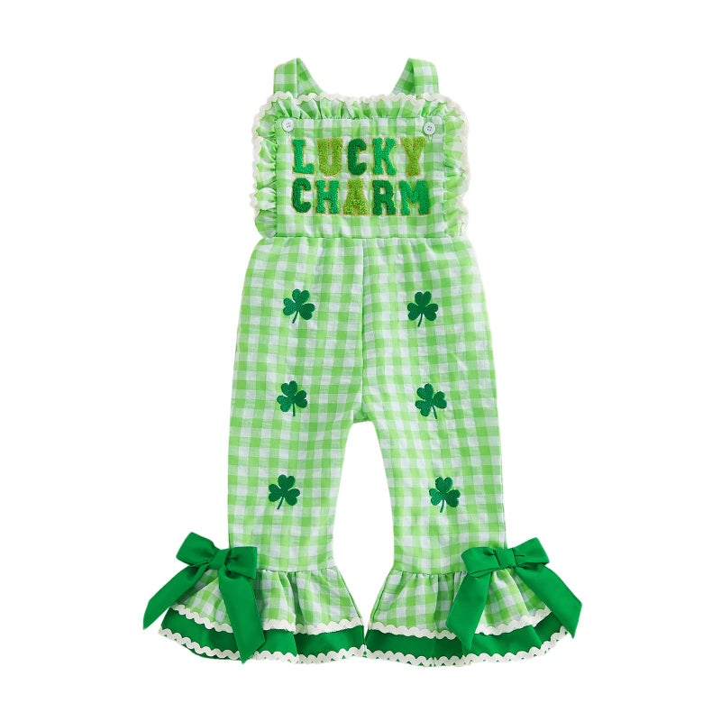 Mieeyali Toddler St Patricks Day Baby Girl Outfit Overalls Clover Romper Gingham Bell Bottoms Suspender Jumpsuit (Green St P, 2-3 Years) - Image 1