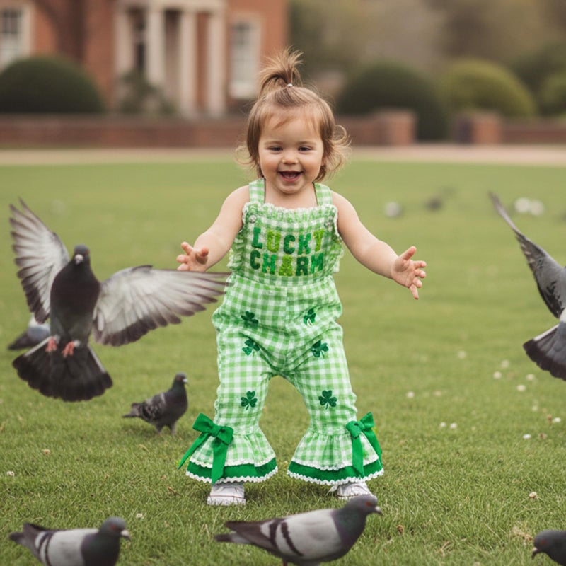 Mieeyali Toddler St Patricks Day Baby Girl Outfit Overalls Clover Romper Gingham Bell Bottoms Suspender Jumpsuit (Green St P, 2-3 Years) - Image 2