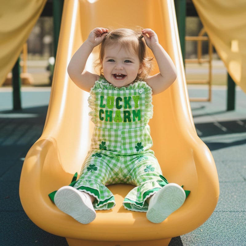 Mieeyali Toddler St Patricks Day Baby Girl Outfit Overalls Clover Romper Gingham Bell Bottoms Suspender Jumpsuit (Green St P, 2-3 Years) - Image 3