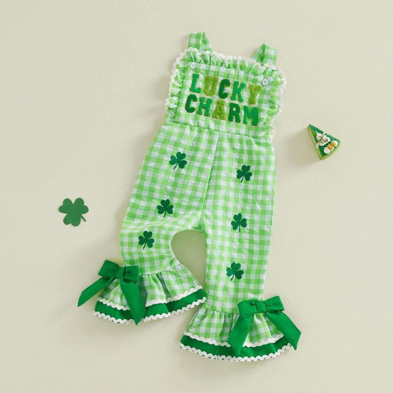 Mieeyali Toddler St Patricks Day Baby Girl Outfit Overalls Clover Romper Gingham Bell Bottoms Suspender Jumpsuit (Green St P, 2-3 Years) - Image 4