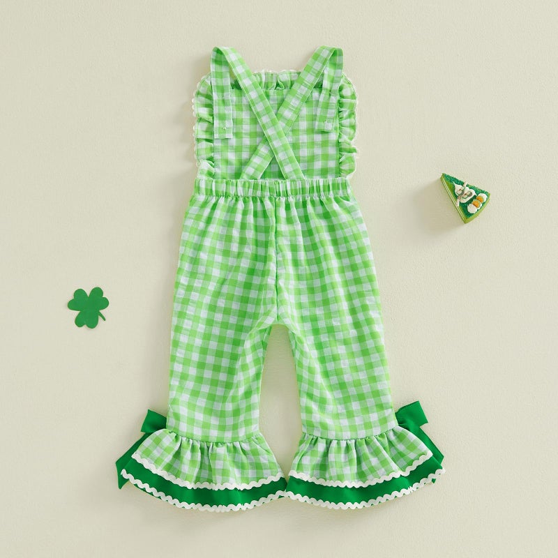 Mieeyali Toddler St Patricks Day Baby Girl Outfit Overalls Clover Romper Gingham Bell Bottoms Suspender Jumpsuit (Green St P, 2-3 Years) - Image 5
