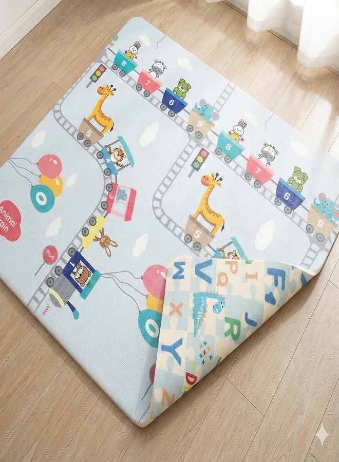 بساط لعب للأطفال قابل للعكس بتصميم قطار حيوانات من TinyPlay، مناسب للأطفال من عمر 0-3 سنوات، سمكه 0.6 سم، مقاوم للماء، مناسب للأطفال من عمر 0-12 شهرًا، مقاس 6.5 × 5 قدم. - Image 1