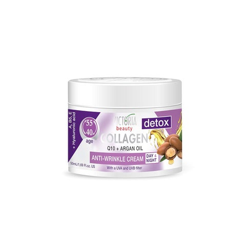 Skin Care Detox Day and Night Face Cream AntiAging Moisturiser with Collagen Hyaluronic Acid Q10 Argan Oil and a UVAUVB Filter for Ages 40  55 50 ml