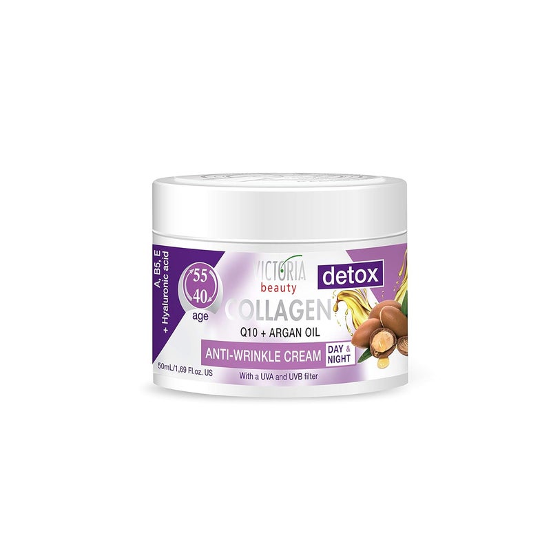 Skin Care Detox Day and Night Face Cream AntiAging Moisturiser with Collagen Hyaluronic Acid Q10 Argan Oil and a UVAUVB Filter for Ages 40  55 50 ml