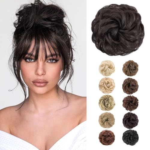 MORICA 1PCS Messy Hair Bun Hair Scrunchies Extension Curly Wavy Messy Bun Hair Synthetic Chignon Hairpieces for Women4Darkest Brown Tend to Black