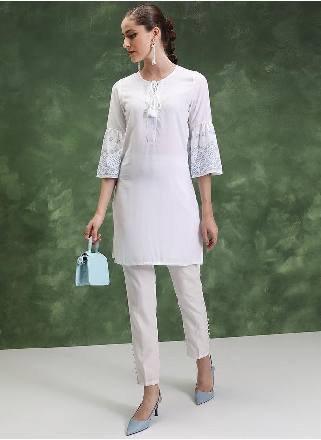 Vishudh Floral Embroidered Flared Sleeves Straight Kurti by Styli  - Image 2