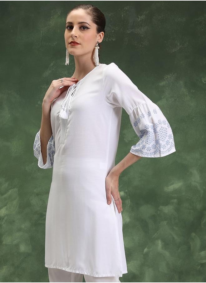 Vishudh Floral Embroidered Flared Sleeves Straight Kurti by Styli  - Image 4
