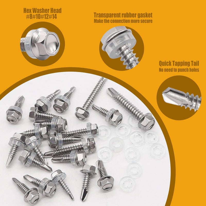 weideer 840pcs #8#10#12#14 Self Tapping Screws for Metal,410 Stainless Steel Screws Assortment Kit, Hex Washer Head Quick Tapping Self Drilling Screw with Rubber Washer (420 Sets) K-189 - Image 4
