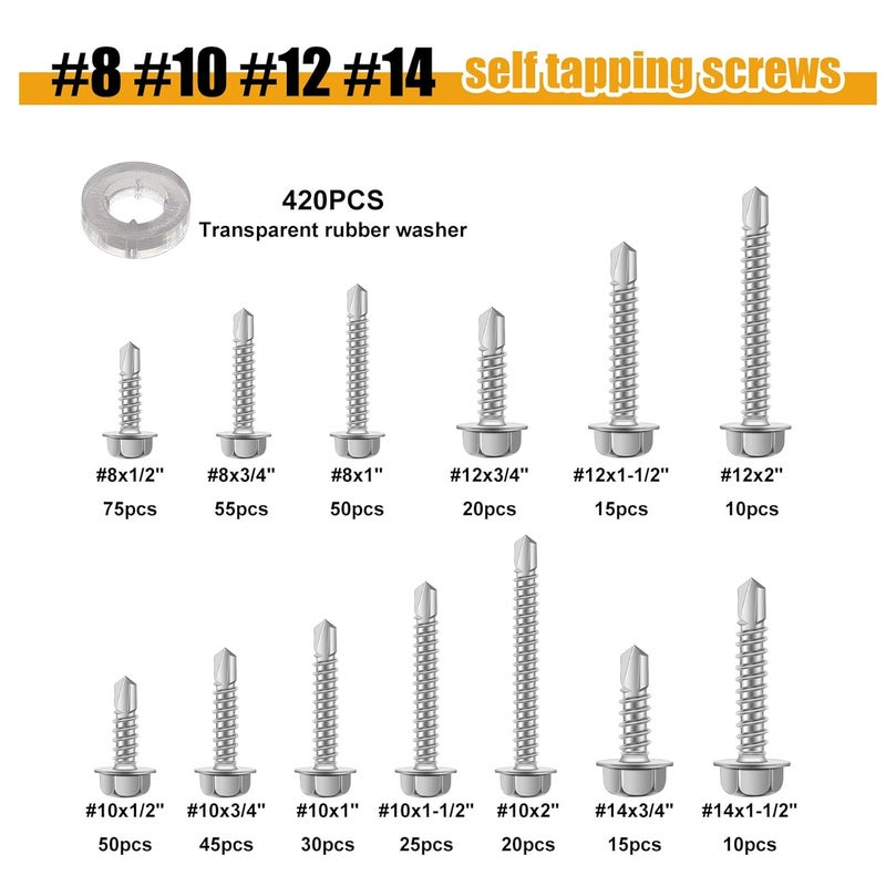 weideer 840pcs #8#10#12#14 Self Tapping Screws for Metal,410 Stainless Steel Screws Assortment Kit, Hex Washer Head Quick Tapping Self Drilling Screw with Rubber Washer (420 Sets) K-189 - Image 2