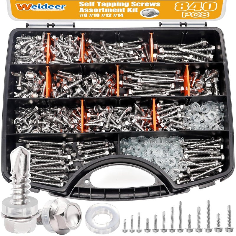 weideer 840pcs #8#10#12#14 Self Tapping Screws for Metal,410 Stainless Steel Screws Assortment Kit, Hex Washer Head Quick Tapping Self Drilling Screw with Rubber Washer (420 Sets) K-189 - Image 1