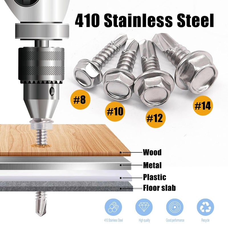 weideer 840pcs #8#10#12#14 Self Tapping Screws for Metal,410 Stainless Steel Screws Assortment Kit, Hex Washer Head Quick Tapping Self Drilling Screw with Rubber Washer (420 Sets) K-189 - Image 5