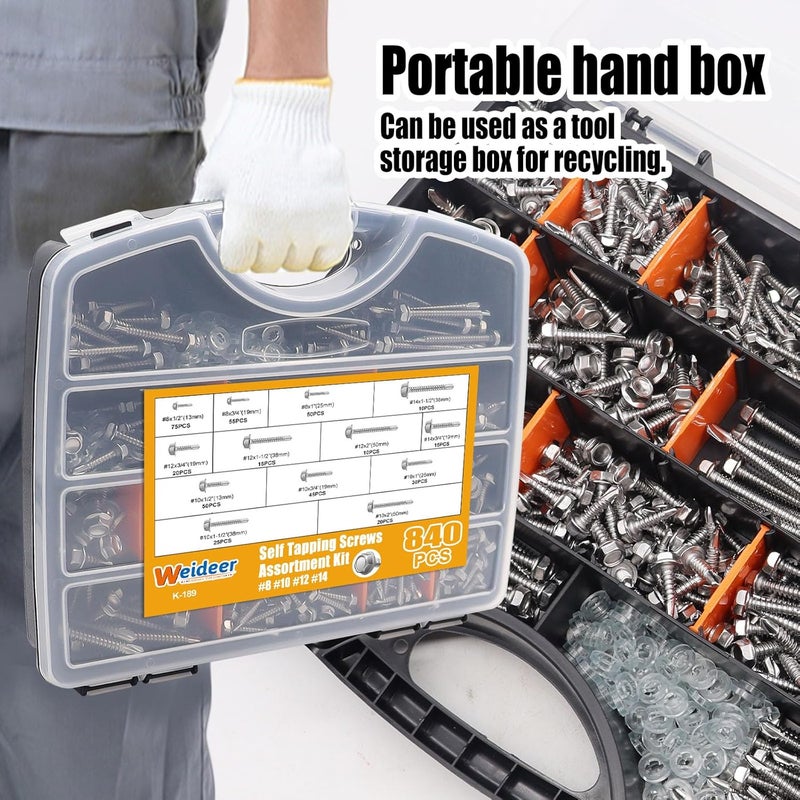 weideer 840pcs #8#10#12#14 Self Tapping Screws for Metal,410 Stainless Steel Screws Assortment Kit, Hex Washer Head Quick Tapping Self Drilling Screw with Rubber Washer (420 Sets) K-189 - Image 3