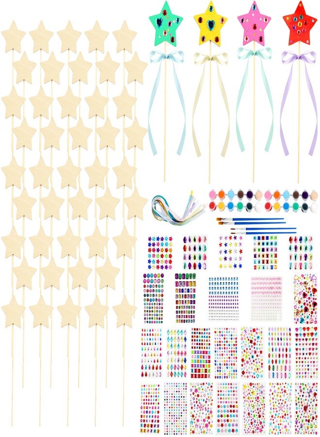 Feradny 122 Pcs Unfinished Star Princess Fairy Wands Kit Make Your Own Princess Wand DIY Art Craft Magical Wand Include 48 Star Wooden Fairy Wands 24 Gem Stickers 48 Ribbons 12 Markers for Kids Party Supplies - Image 1