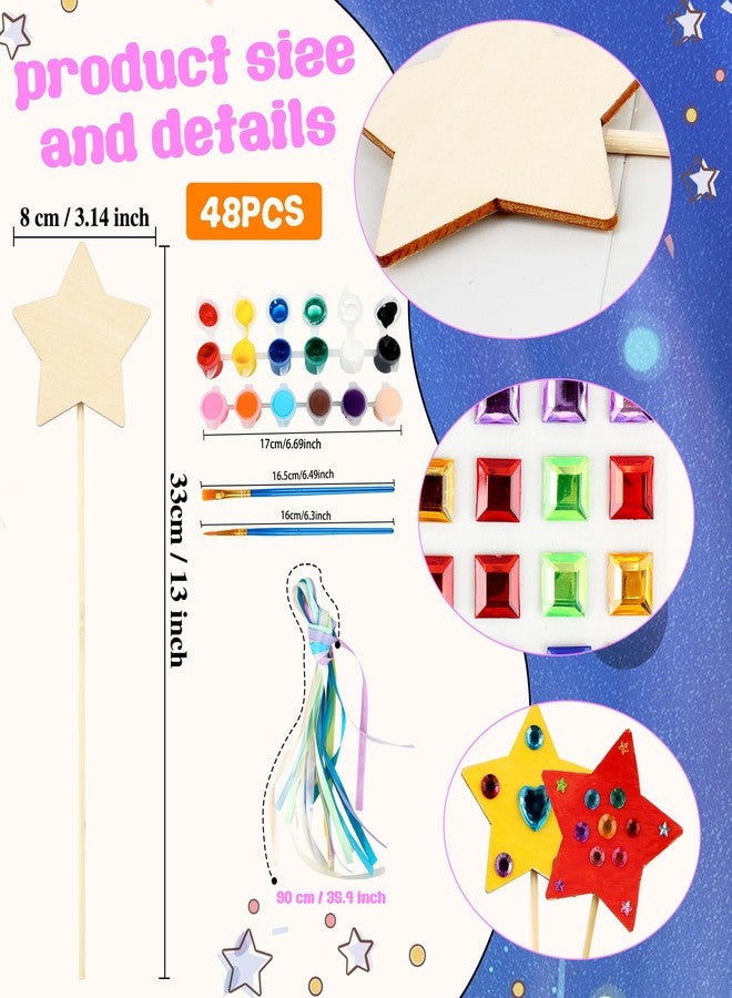 Feradny 122 Pcs Unfinished Star Princess Fairy Wands Kit Make Your Own Princess Wand DIY Art Craft Magical Wand Include 48 Star Wooden Fairy Wands 24 Gem Stickers 48 Ribbons 12 Markers for Kids Party Supplies - Image 2