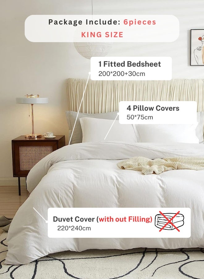 LUNA Home Washable Cotton 6 Pieces King Size Duvet Cover Plain Off White - Image 2