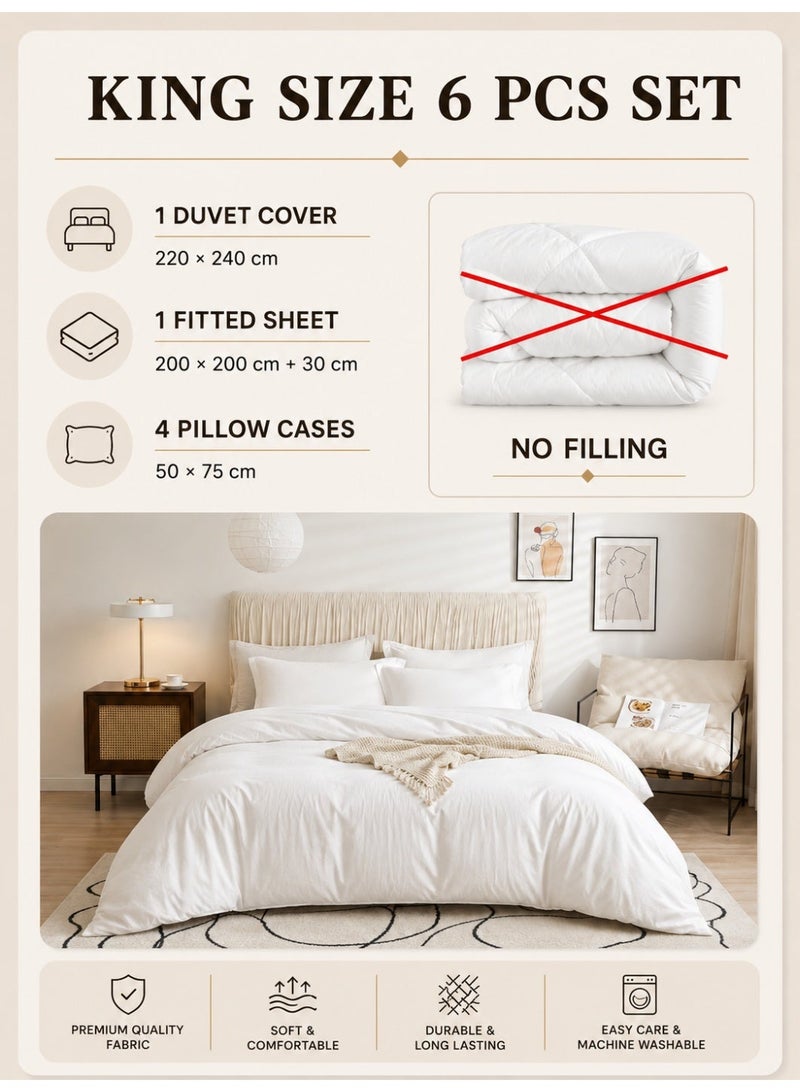 LUNA Home Washable Cotton 6 Pieces King Size Duvet Cover Plain Off White - Image 2