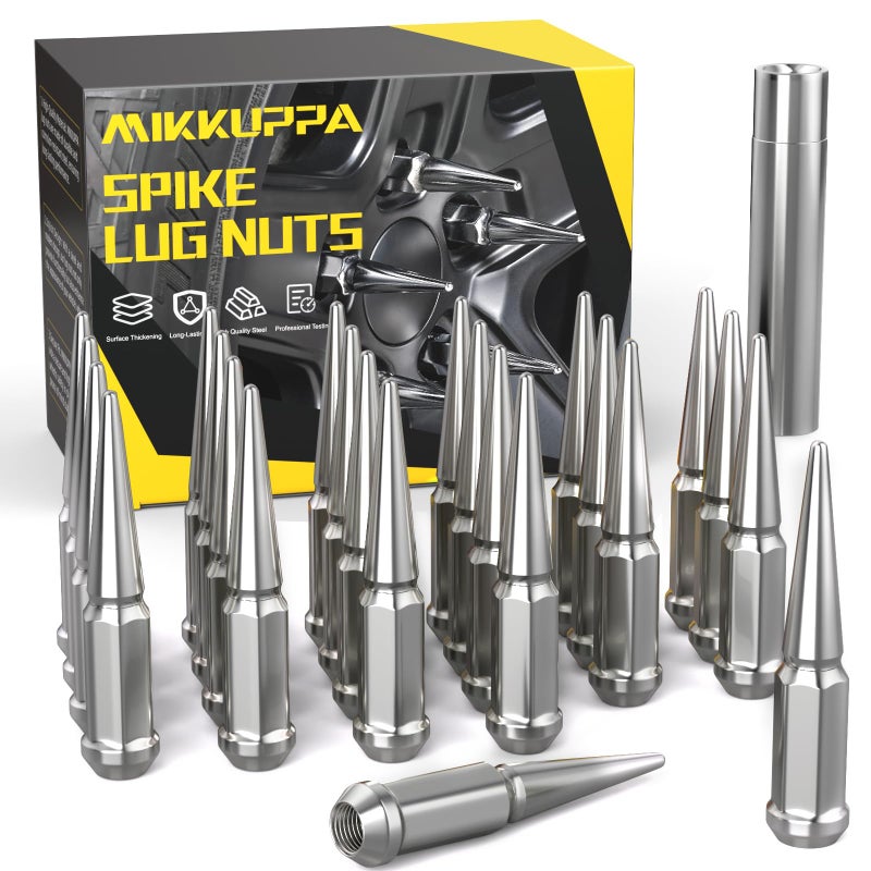 Mikkuppa M14X1.5 Spike Lug Nuts  24Pcs Chrome Wheel Spiked Lug Nuts  Cone/Conical Bulge Seat  Silver Closed End Nuts With 1 Socket Key For Chevy Silverado Ford F-150 Gmc Sierra Aftermarket Wheel - Image 1