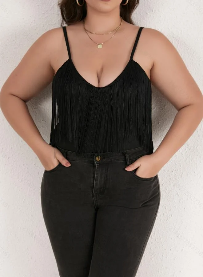 تايك تو Plus Size Black Strappy Fringe Bodysuit
