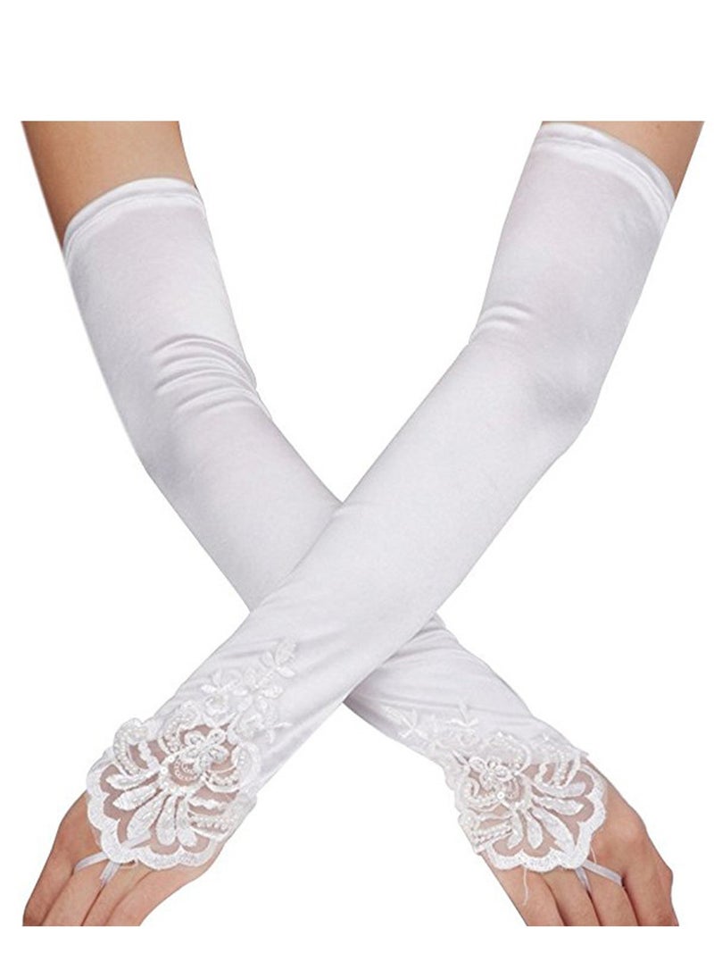 Generic 1920s Women Stretchy Fingerless Long Gloves Pierced Elbow Length Satin Hook Finger Gloves for Evening Party(White)  - Image 1