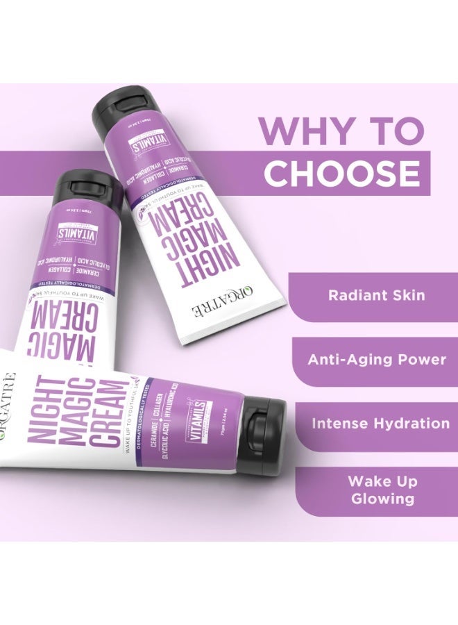 Orgatre Night Magic Cream 75gm for Glowing, Youthful Skin | Anti-Aging Night Cream with Ceramide, Collagen, Glycolic & Hyaluronic Acid | Reduces Wrinkles & Fine Lines | Brightens & Hydrates Skin - Image 2