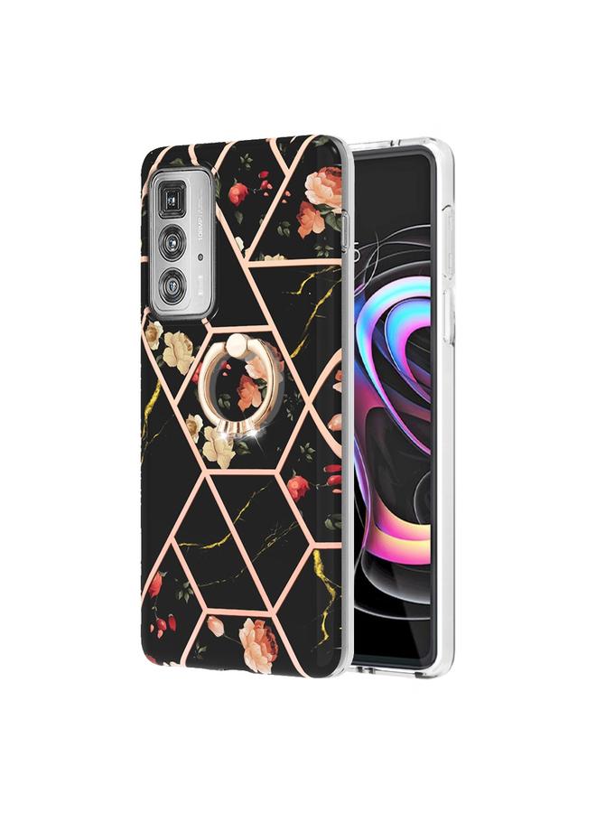 اس-توب جراب لهاتف Motorola Edge 20 Pro بنمط زهور رخامية متداخلة مع حلقة من مادة TPU - Image 1