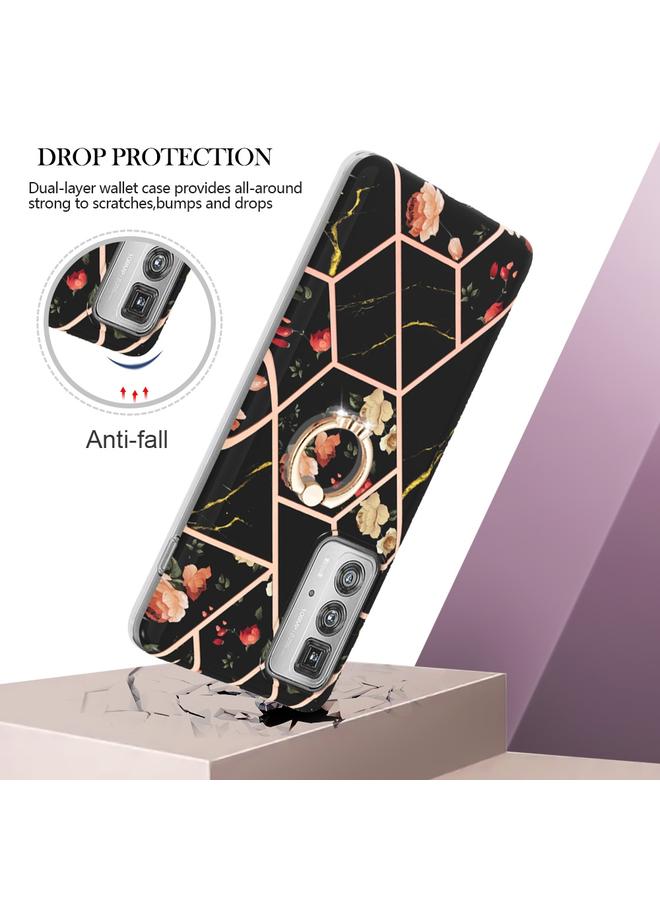 اس-توب جراب لهاتف Motorola Edge 20 Pro بنمط زهور رخامية متداخلة مع حلقة من مادة TPU - Image 2