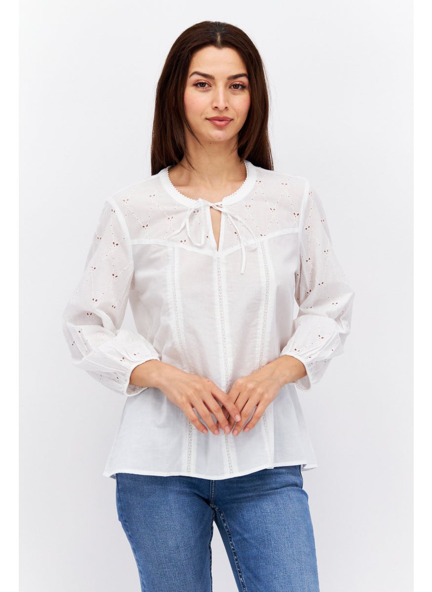 Women Tie Neck Long Sleeve Eyelet Top, White - pzsku/ZEED0989175BA21650982Z/45/_/1724351121/1b2d5cc0-f911-41fa-9fae-3e19b2c55930