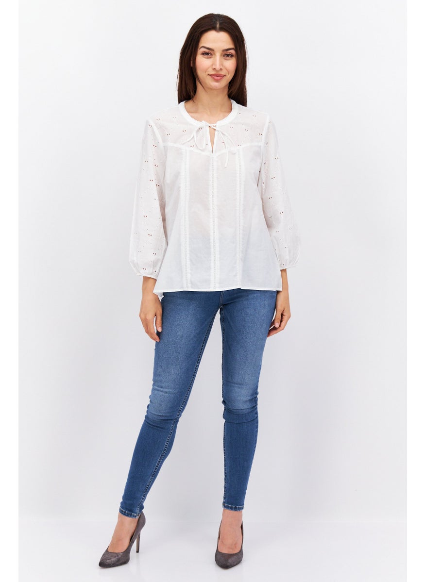 Women Tie Neck Long Sleeve Eyelet Top, White - pzsku/ZEED0989175BA21650982Z/45/_/1724351123/b9840694-160d-4649-9d9f-67678384bb3b