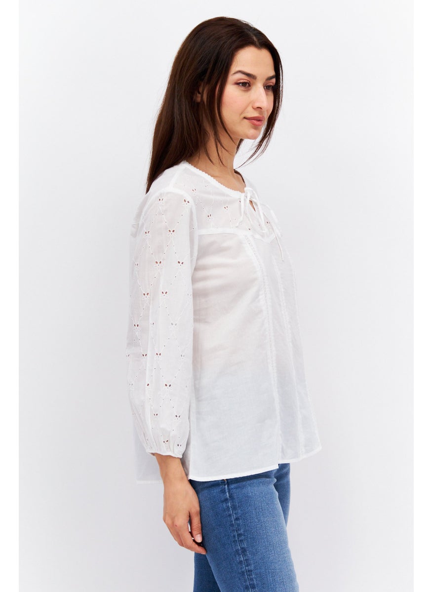 Women Tie Neck Long Sleeve Eyelet Top, White - pzsku/ZEED0989175BA21650982Z/45/_/1732457449/103b3c0a-abb2-4f2a-b704-16f934d4a3e7