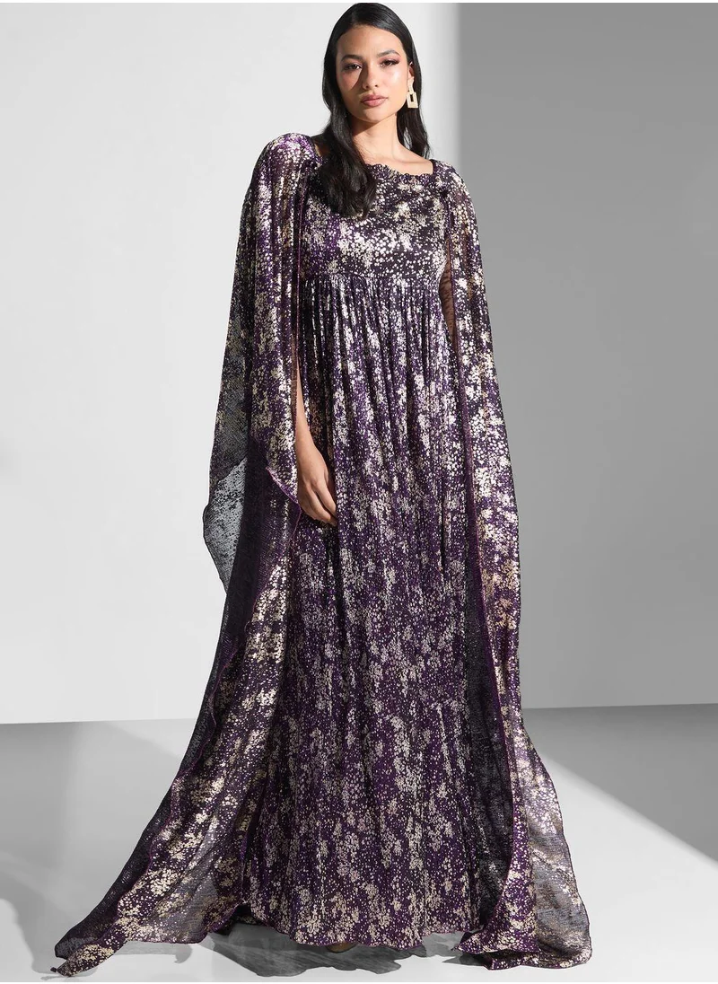 Golden Apple Floral Printed Cape Sleeve Dress