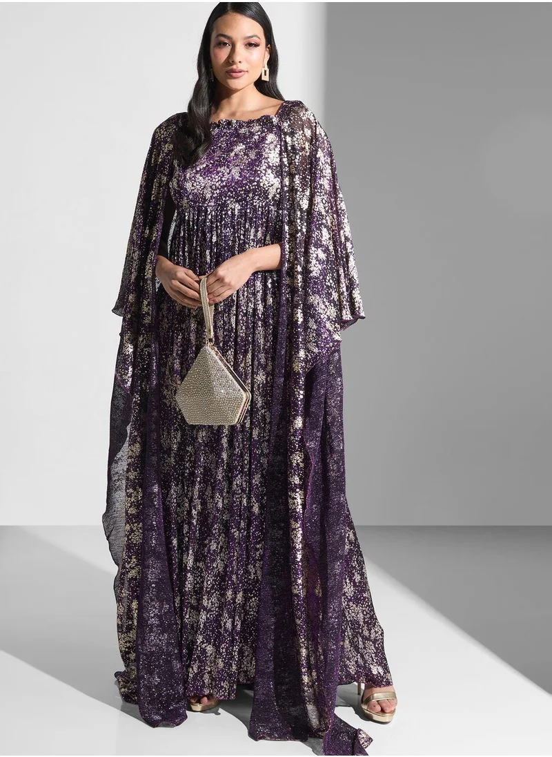 Golden Apple Floral Printed Cape Sleeve Dress