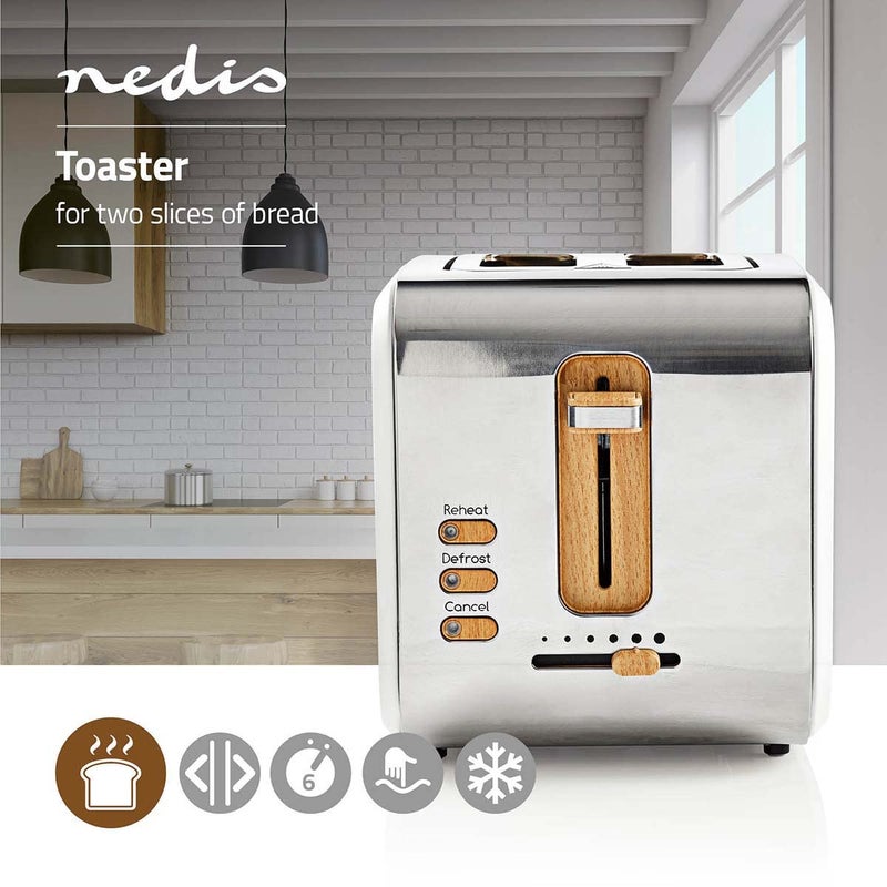 Nedis Toaster - 2 wide openings - soft touch - 6 different levels - defrost and reheat function - crumb tray - auto switch off - 900 W - 0.80 m White - Image 2