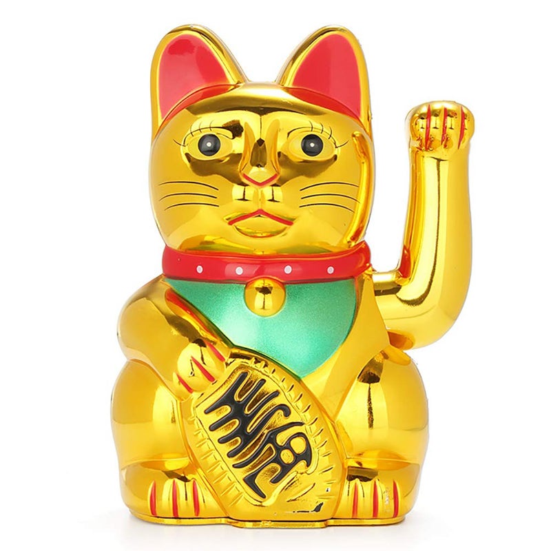 FIOTOK Maneki Neko Lucky Fortune Cat Japanese Lucky Cat with Waving Arm Gold Battery OperatedBattery Cover Included