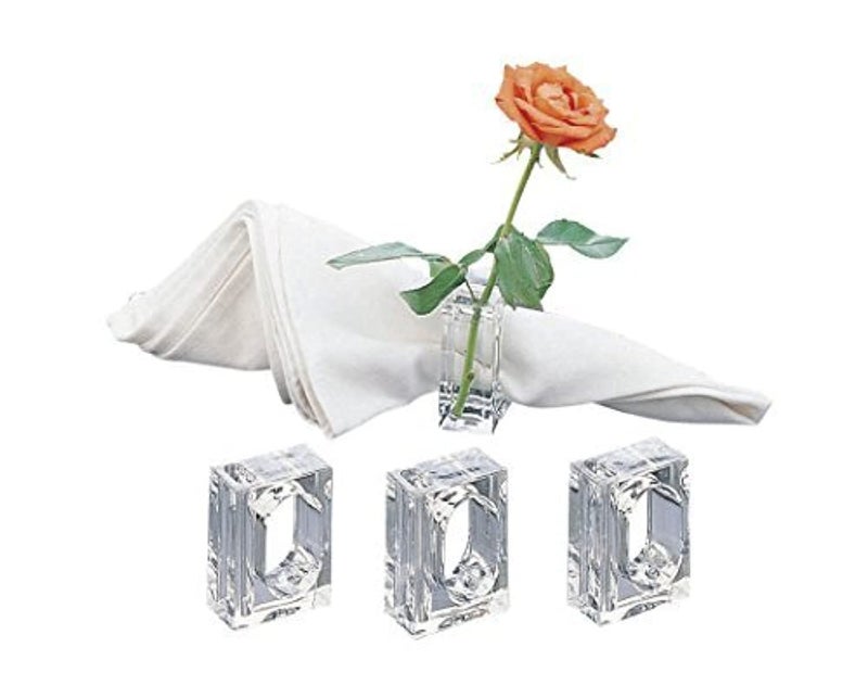 Sparkle Huang Acrylic Flower Bud Square Napkin Ring Set of 4 | Great for parties, weddings, and events | Crystal clear elegant table decor  - Image 1