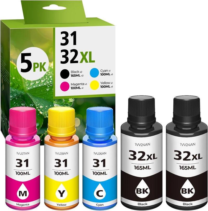 DEEIYUER 31 32XL Ink Bottle Set, Smart Tank 7602 5101 6001 651 Ink Refill Compatible with HP 31 Ink 32XL Black Ink Bottle Set for Smart Tank 5101 7602 5000 651 5103 6001 7301 7001 7302 5102 7002 7006 Printers - Image 1