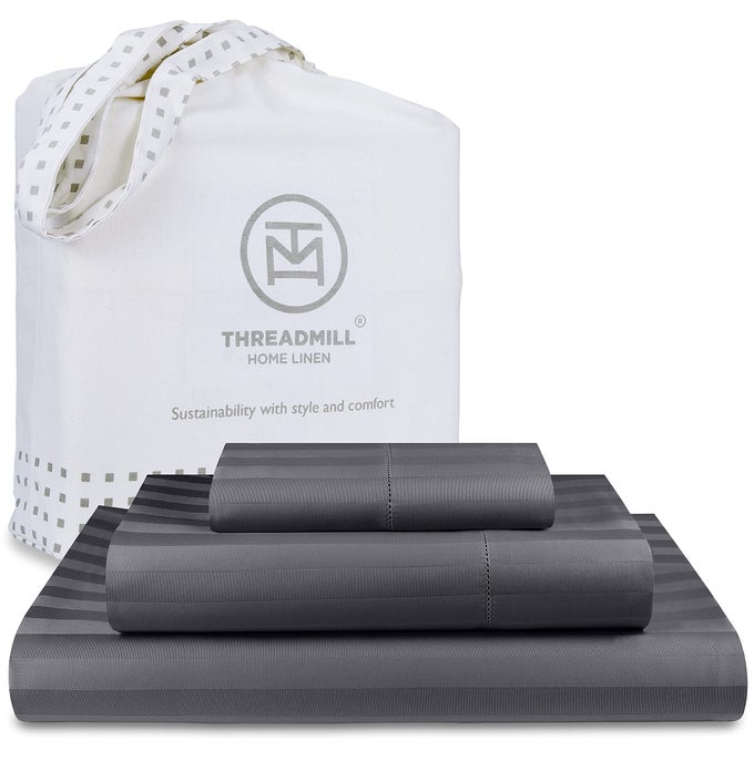 500 THREAD COUNT KING SIZE DAMASK STRIPE 4 PC LUXURY COTTON SHEET SET SILKY SOFT BREATHABLE DARK GREY SHEETS WITH 16 ELASTICIZED DEEP POCKET 2 PILLOWCASES FREE TOTE BAG